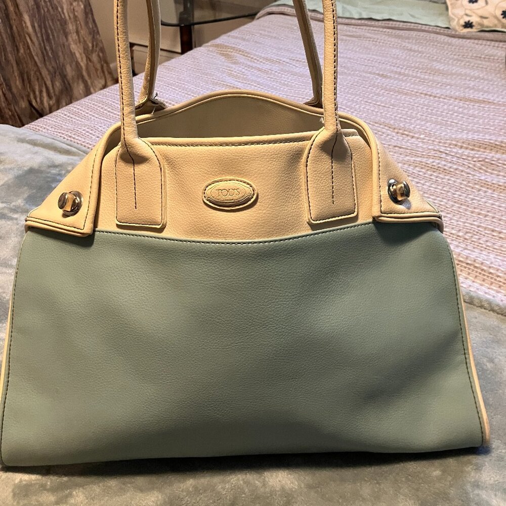 TOD'S Girelli Light Blue White Pebbled Leather X Large Tote Bag Purse Italy